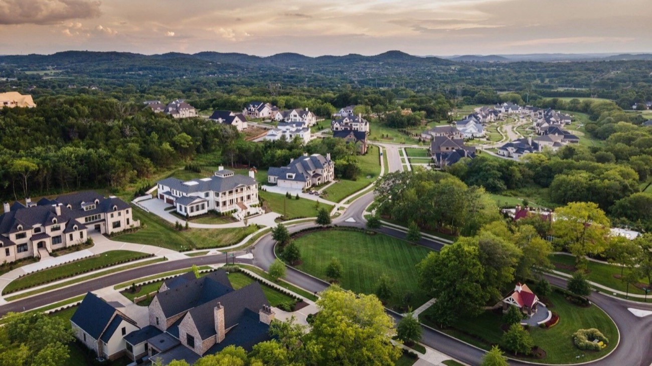 Aerial view of homes in Middle Tennessee at golden hour